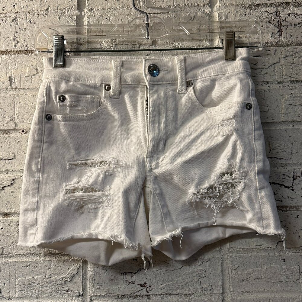 American Eagle White Distressed High Rise Jean Shorts 00 Next Level Stretch